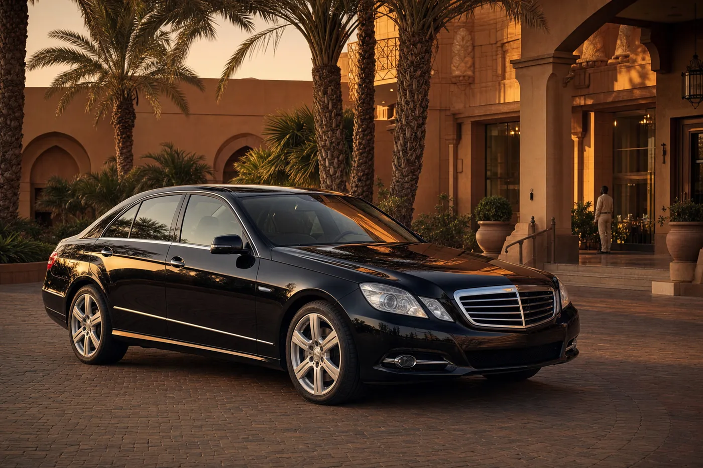 Mercedes-Benz E350 noire garée devant l'entrée d'un hôtel, lumière dorée de fin d'après-midi.